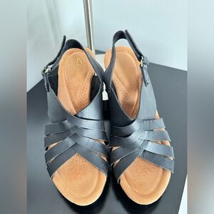 Clarks Black Leather Strappy Slingback Sandals